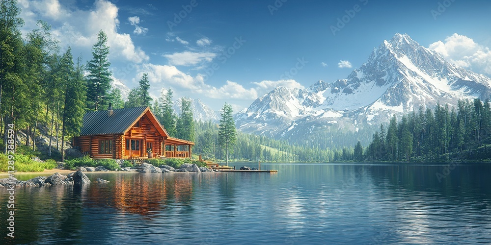 Fototapeta premium Lakeside cabin surrounded by mountains and forests on a clear sunny day with calm water reflections