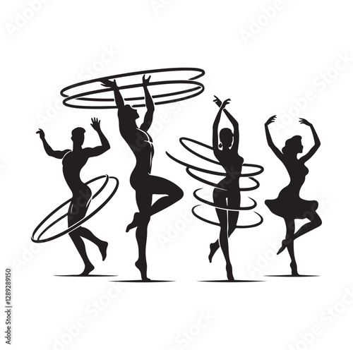 Men and women hula hooping silhouette vector illustration