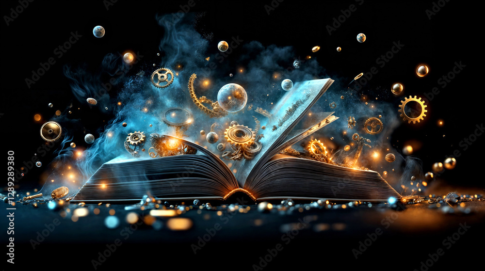 Fototapeta premium Magical Book Unleashing Whimsical Steampunk Gears and Shimmering Orbs into a Mystical Ether