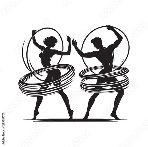 Men and women hula hooping silhouette vector illustration