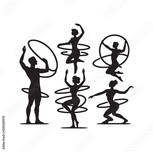 Men and women hula hooping silhouette vector illustration