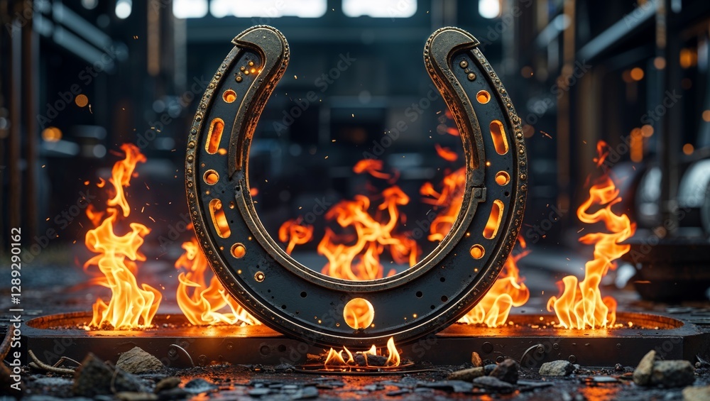 Fototapeta premium Flaming Horseshoe On Gritty Platform With Fire Rising Around Steampunk Industrial Feel