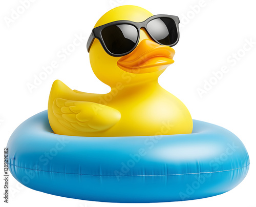 Yellow Rubber Duck Wearing Sun Glasses Pool Float Transparent Background Cutout
