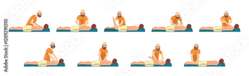Man Osteopath and Manual Therapist Massaging Patient Vector Set