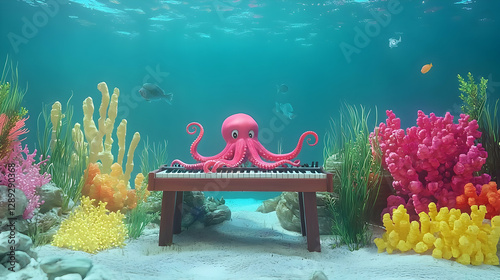 Underwater Octopus Plays Piano in Vibrant Coral Reef