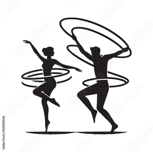Men and women hula hooping silhouette vector illustration