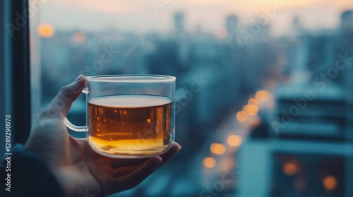 Close up of cup of herbal tea, standing by a floor-to-ceiling window with city traffic