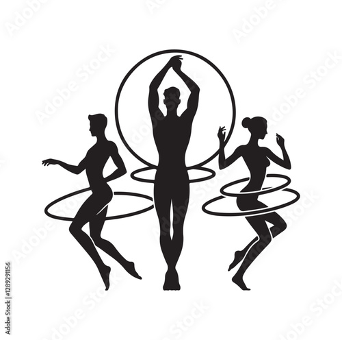 Men and women hula hooping silhouette vector illustration