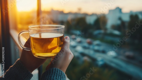 Close up of cup of herbal tea, standing by a floor-to-ceiling window with city traffic