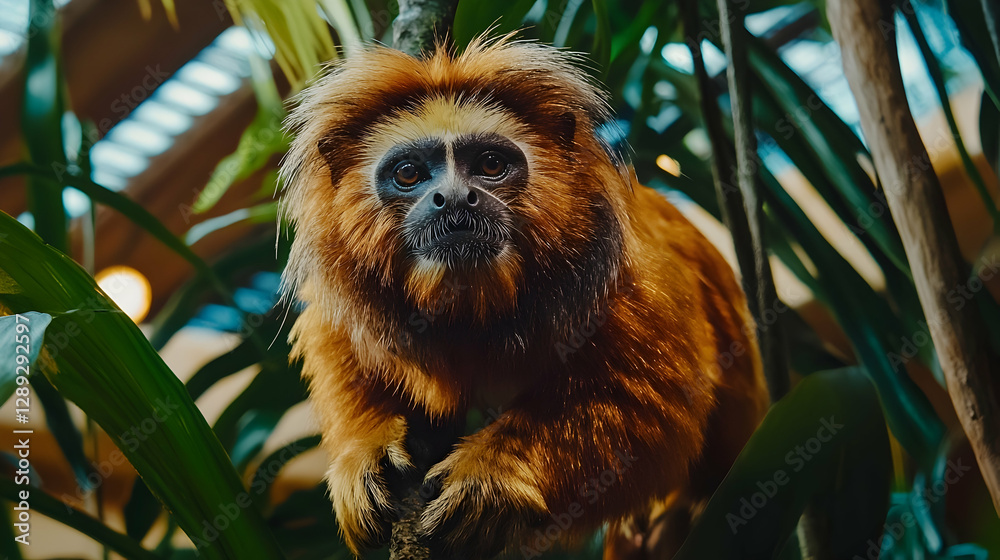Golden Lion Tamarin perched on branch, zoo enclosure, lush greenery background, wildlife conservation Golden Lion Tamarin perched on branch, zoo enclosure, lush greenery background, wildlife conservation