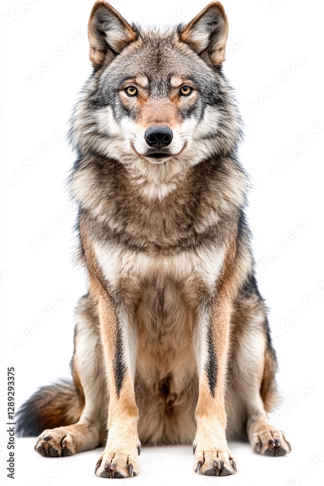 Obraz premium Solitary Wolf Exhibiting Fluffy Coat on Clean White Canvas