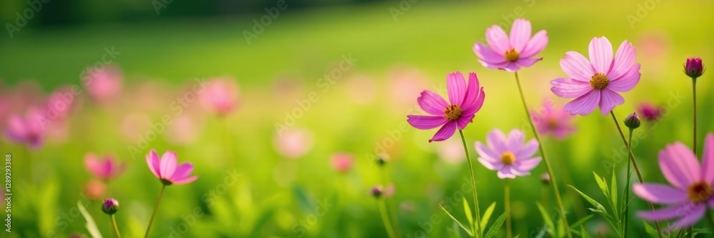 Pink cosmos blooms on a lush green grassy meadow, field, landscape Pink cosmos blooms on a lush green grassy meadow, field, landscape