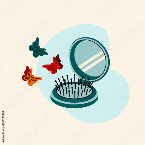 A children's hairpin and a pocket mirror in the style of the 90s. Butterfly hairpins and a comb.