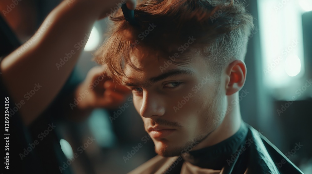 Fototapeta premium professional hairdresser styling a client's hair, focusing intently in a bright salon environment, no dark, no shadows