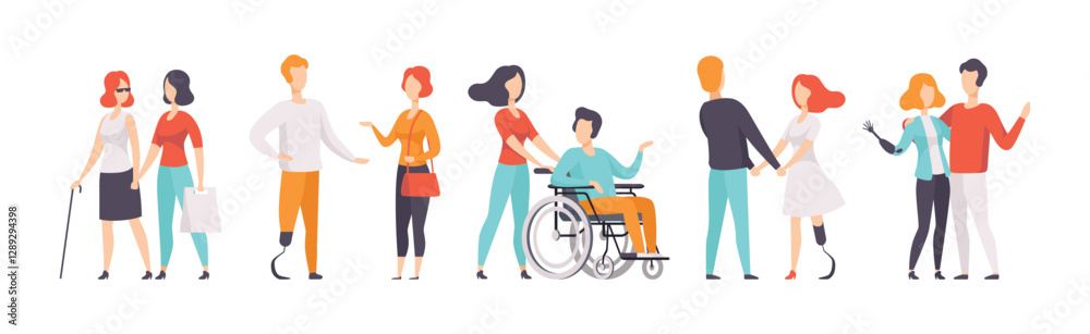 Disabled People Character with Their Friends Vector Set Disabled People Character with Their Friends Vector Set
