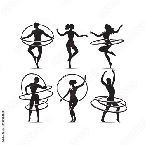 Men and women hula hooping silhouette vector illustration