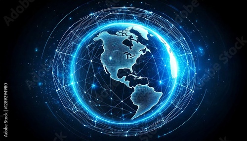 Earth globe on black background. Glowing Earth. Earth top view. Glowing connection on Earth. Internet connection. Modern technology. Network.