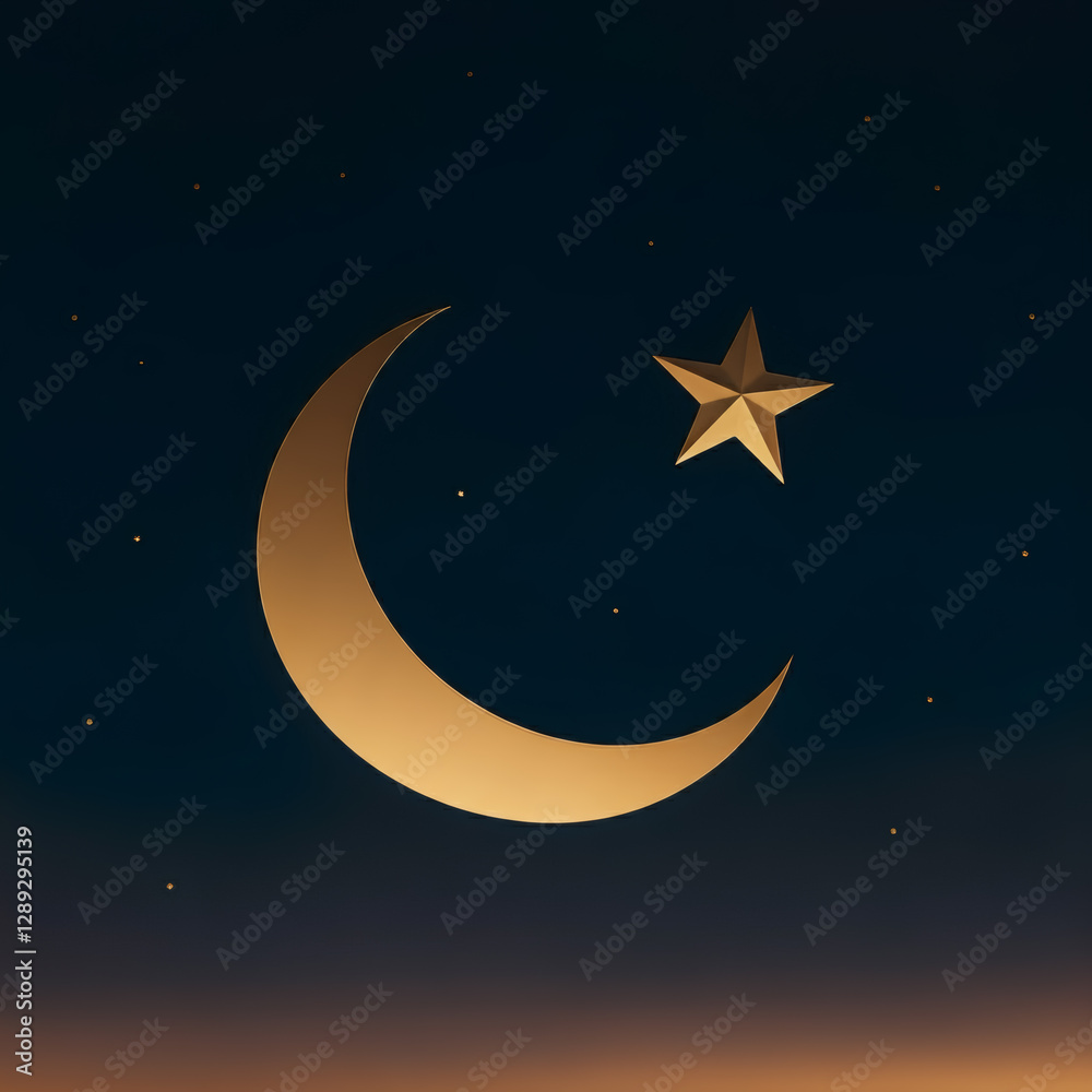 Naklejka premium Golden crescent moon and star against deep night sky Islamic symbol Ramadan spirituality celestial peaceful abstract design