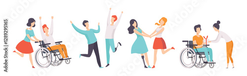 Disabled People Character with Their Friends Vector Set