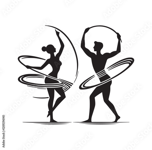 Men and women hula hooping silhouette vector illustration