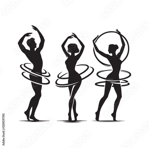 Men and women hula hooping silhouette vector illustration
