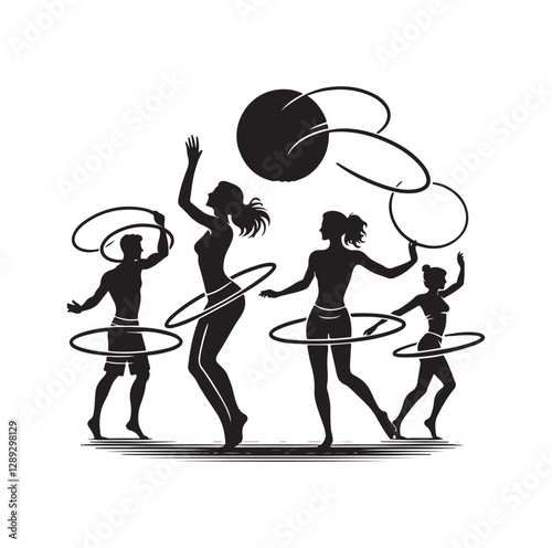 Men and women hula hooping silhouette vector illustration