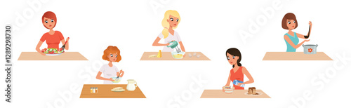 Woman Cooking and Enjoy Culinary Process at Kitchen Vector Set