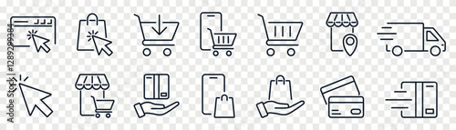 Click and collect online shopping outline icons set