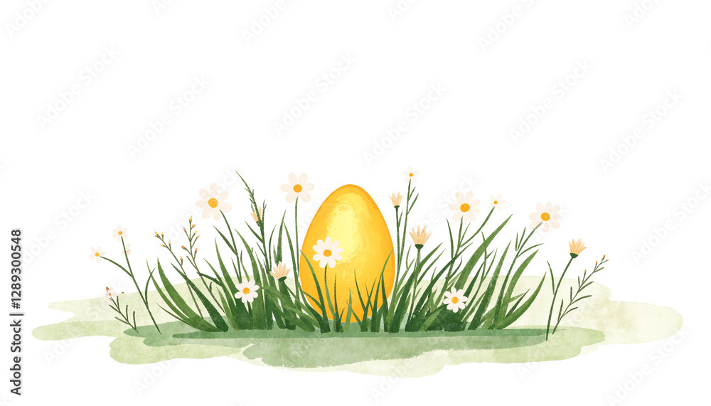 Fototapeta premium Yellow Easter egg surrounded by daisies in grassy field. Spring holiday illustration.