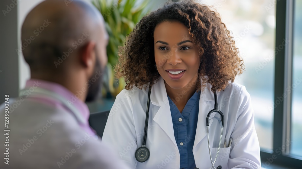 Oncologist explains treatment options to patient in supportive consultation setting at a modern medical office Oncologist explains treatment options to patient in supportive consultation setting at a modern medical office