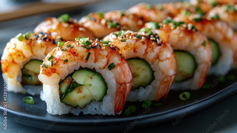 Grilled Shrimp Sushi Rolls, Restaurant, Sesame, Closeup Grilled Shrimp Sushi Rolls, Restaurant, Sesame, Closeup