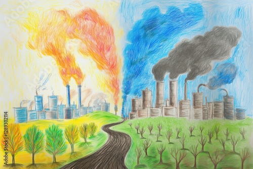Pencil drawing depicting air pollution problem with smoke from a chimney, a city, and a green tree