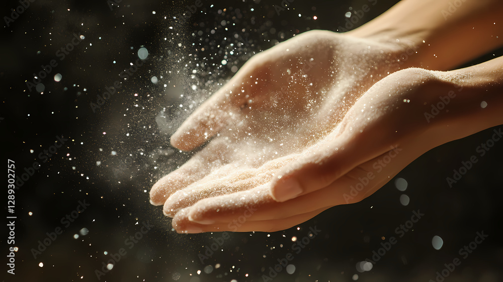 A close-up of hands releasing sparkling powder into the air, creating a magical effect. Magical Spell-Casting Hands. Illustration A close-up of hands releasing sparkling powder into the air, creating a magical effect. Magical Spell-Casting Hands. Illustration