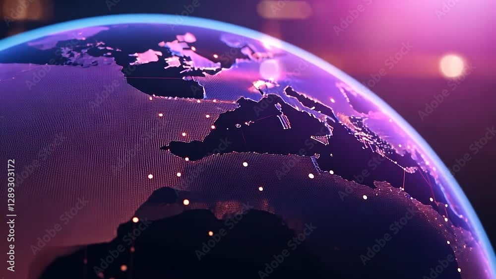 Global network, glowing connections, city lights, digital earth