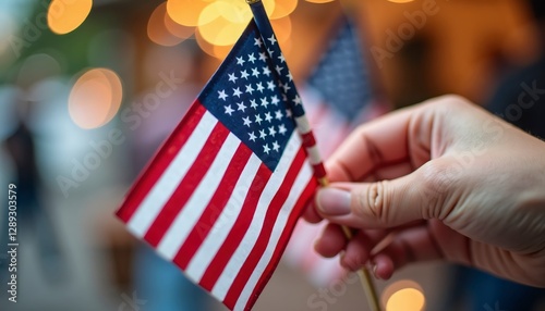 Fototapeta Naklejka Na Ścianę i Meble -  Hand holding small American flag during a festive gathering in the evening light