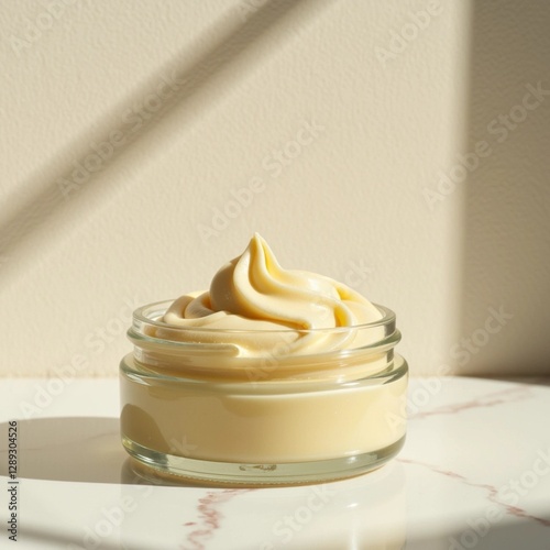 whipped body butter cream swirl glass container shea cocoa lotion skincare care minimalist hygiene clean shower bath mask hair cosmetics branding packaging