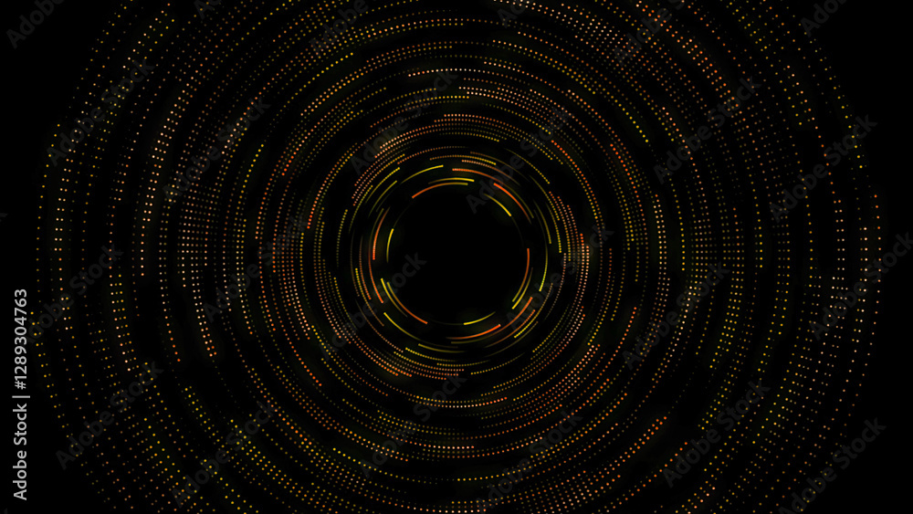 High speed orange, yellow dot abstract technology background digital fiber hi tech concept. speed light circle line motion blur on dark background, data transfer simulation.
