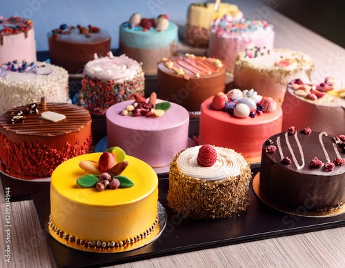 Muchos pasteles se colocan en la mesa uno al lado del otro, cada pastel tiene un color diferente y una decoración diferente.