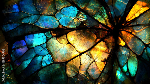 Vibrant gemstone mosaic butterfly wing detail, backlit, close-up, artistic texture for design