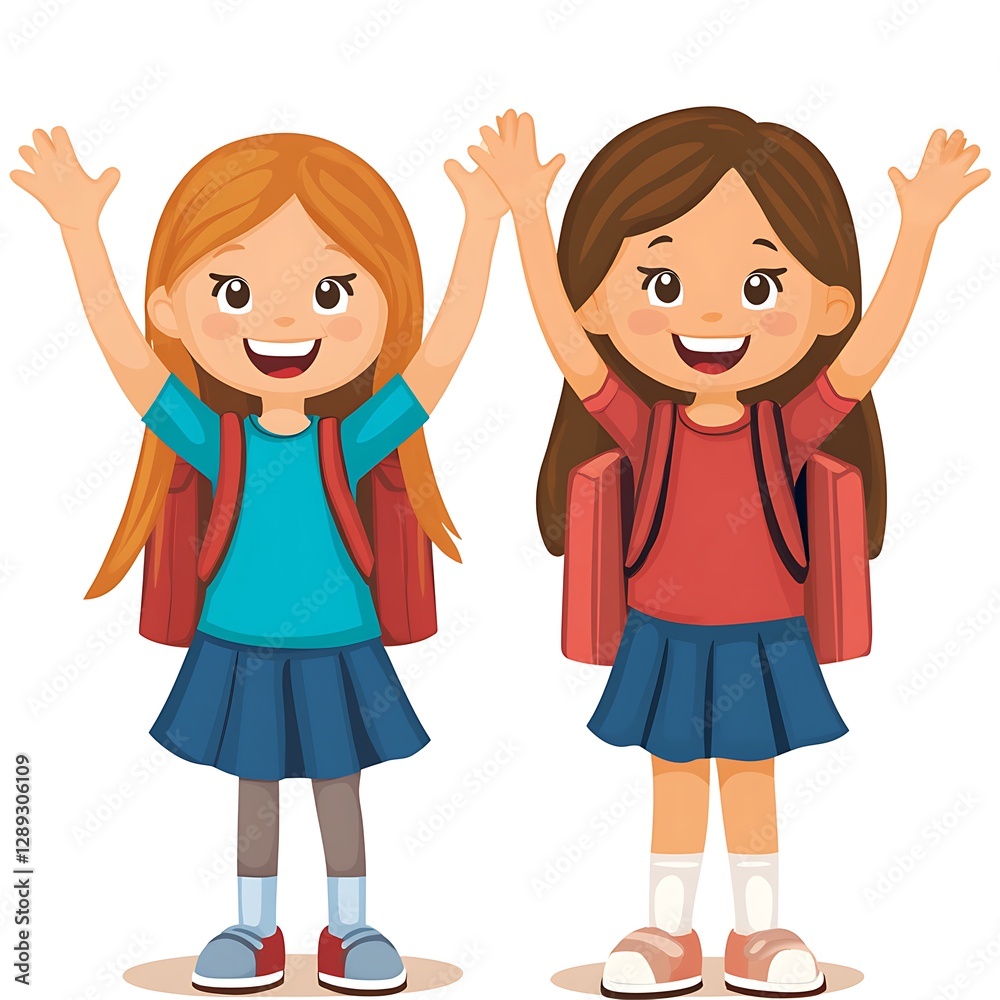 Happy girls, school, backpacks, celebration Happy girls, school, backpacks, celebration
