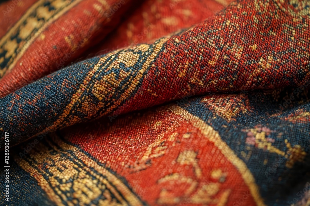 Fototapeta premium Handwoven textile with rich patterns, empty background.