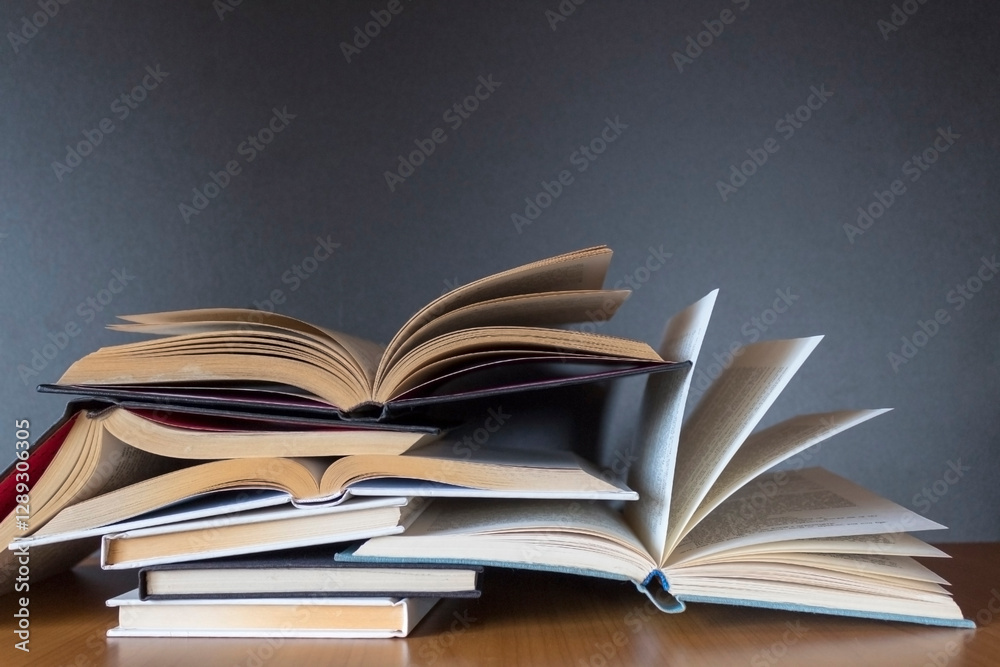 Obraz premium Pile of books on wooden table with dark background and copy space.