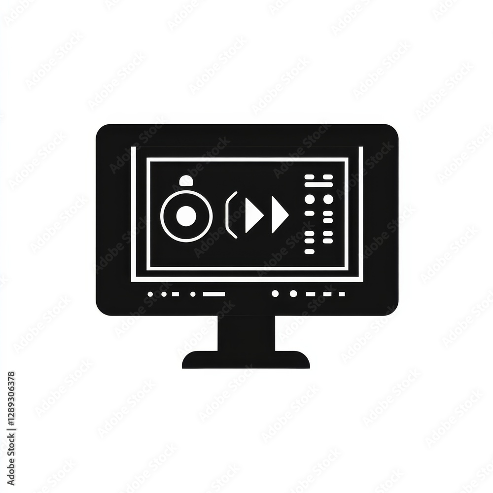 Black and White Monitor Displaying Audio Editing Interface with Playback, Controls, and Metering Symbols. Black and White Monitor Displaying Audio Editing Interface with Playback, Controls, and Metering Symbols.