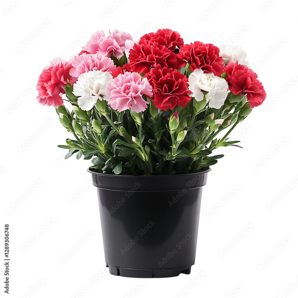 A Vibrant Potted Carnation Plant with Red and White Flowers Isolated on Transparent Background A Vibrant Potted Carnation Plant with Red and White Flowers Isolated on Transparent Background