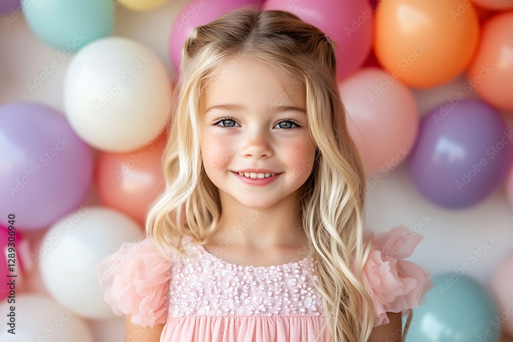 Girl smiles at camera, pastel balloons background. Happy celebration Girl smiles at camera, pastel balloons background. Happy celebration
