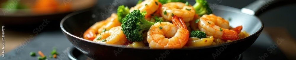 Shrimp and broccoli stir fry on sizzling hot skillet, heat, aromatics, shrimp Shrimp and broccoli stir fry on sizzling hot skillet, heat, aromatics, shrimp