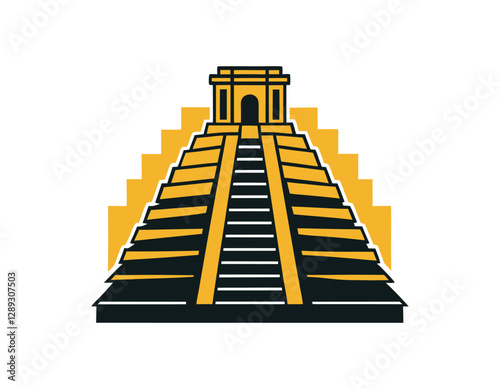 ancient mayan pyramid illustration with a staircase leading to a temple at the top, featuring bold black and yellow colors, perfect for historical or cultural themes.