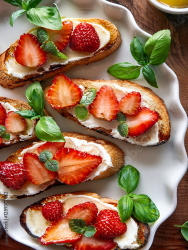 Spring crostini with honey goat cheese and roasted strawberries in honey bourbon, arranged on a white plate with a decorative frilled rim, garnished with fresh basil. Top view on a wooden table. photo