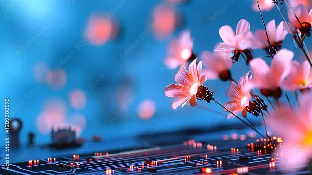Glowing flowers on circuit board, bokeh background, tech nature concept