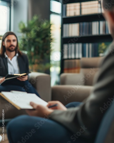 Professional psychiatrist actively engages in therapy session with patient in modern office environment